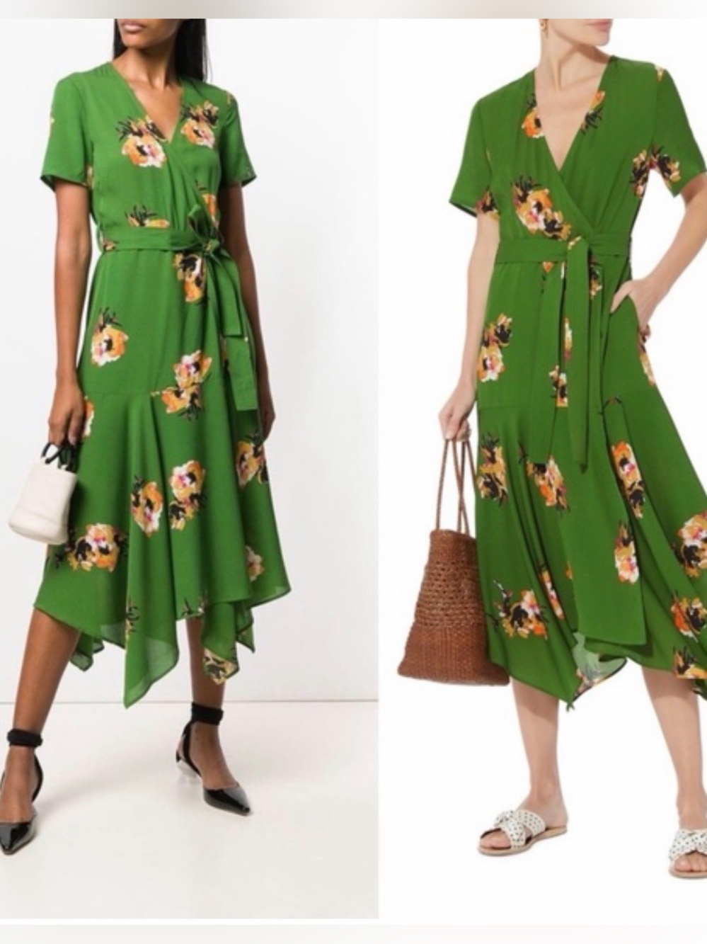 A.L.C. Cora Green Floral Asymmetrical Hem Belted 100% silk Wrap Dress